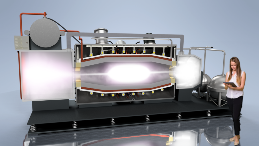 Cutaway of the PFRC reactor with plasma and a person shown for scale